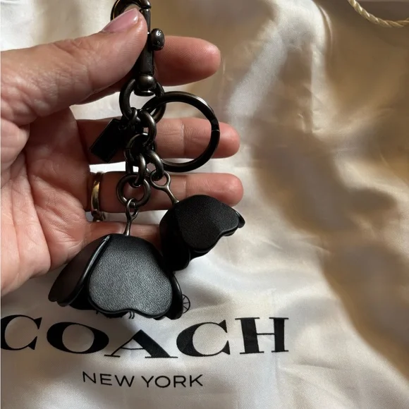 Coach Black Leather Floral Tea Rose Keychain Bag Charm - Picture 11 of 11